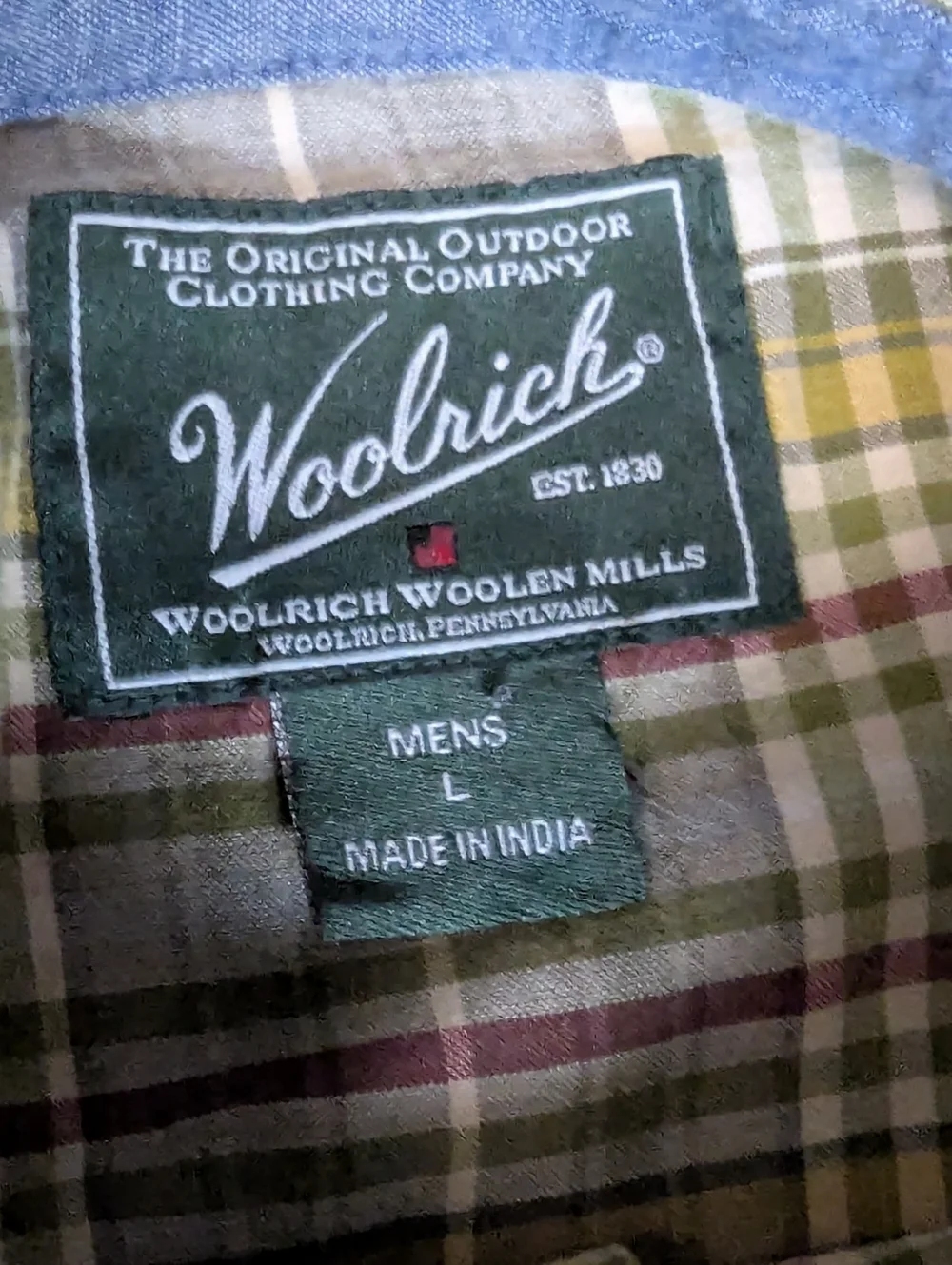 Woolrich Men's Size L Plaid Short Sleeve Button Down Shirt 100% Cotton Green Tan